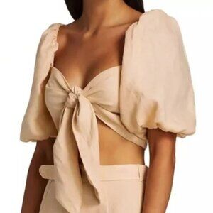 Faithfull The Brand | Linen “Idrissy” Tie Front Crop Top in Plain Sand | Small 4